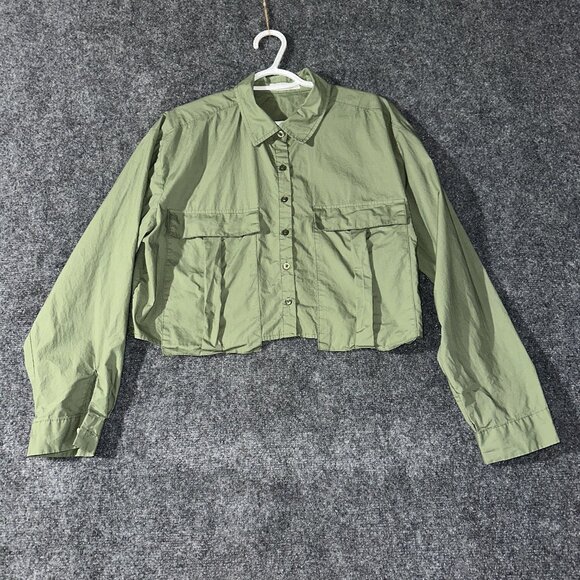 LIFE Love is for Eternity Top Womens XL Green Button Up Crop Long Sleeve Pockets - Picture 1 of 7